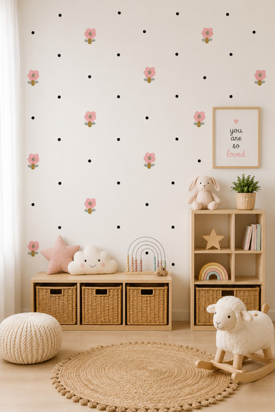 Lizpo Decor Pembe Çiçekli Siyah Polkalı Boho Soyut Botanik Duvar Stickerları ...
