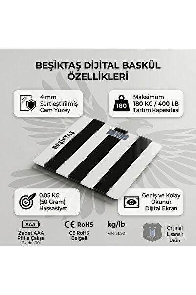 pierre Beşiktaş Orijinal Lisanslı Dijital Cam Baskül Tartı 180 Kg Kapasiteli ...