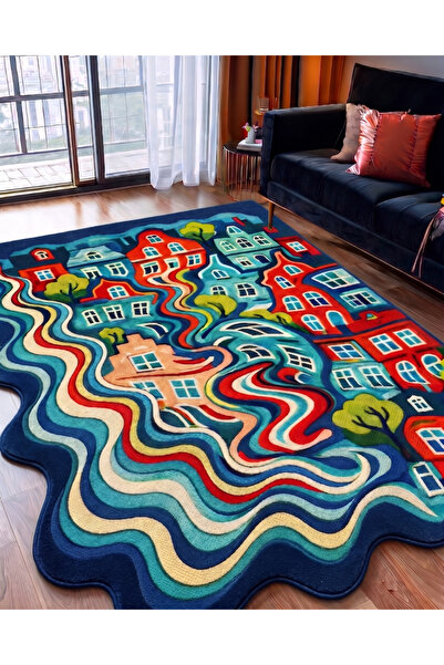 Rugs Modern Halı SDT Çok Renkli Soyut Evler ve Dalgalı Desenli Dokuma Taban M...