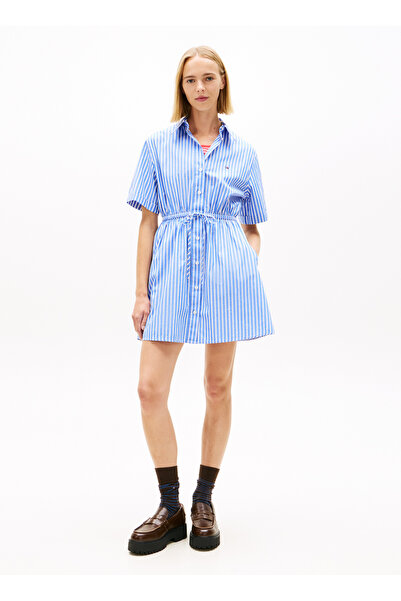 Tommy Jeans Mavi Kadın Gömlek Elbise TJW MINI STRIPE SHIRT DRESS