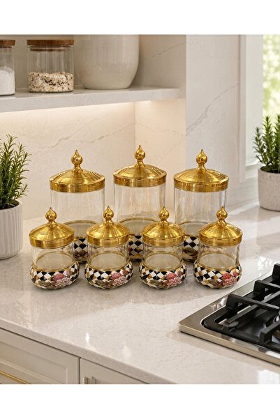 Twinkle 7 li Cam Ve Porselen Gold Metal Kapaklı Baharat Takımı Damalı Çiçekli