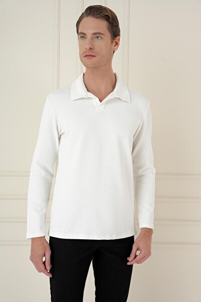 Efor Erkek Slim Fit Pamuklu Uzun Kollu Polo Yaka Ekru Beyaz T-Shirt TS 890
