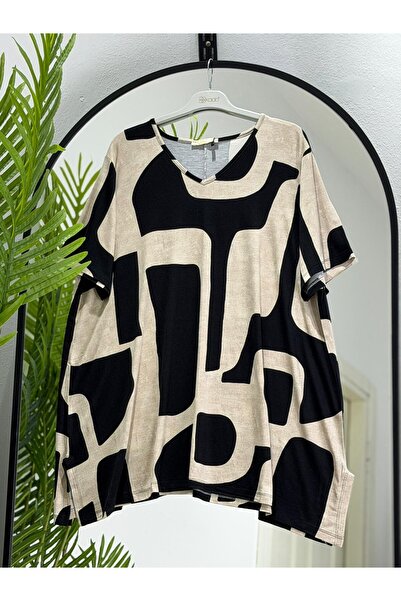 ÖZNE BUTİK Women's 100% Cotton V-Neck Short Sleeve Patterned Combed Cotton Tunic