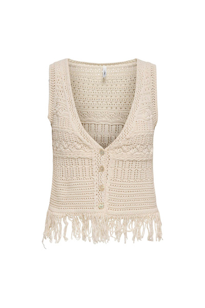 ONLY Ekru Kadın V Yaka Örgü Şişme Yelek ONLALIX SL FRINGE WAISTCOAT KNT