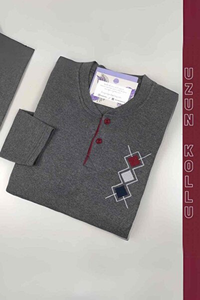 MEBA Erkek Interlok Kumaş Yaka Iki Düğmeli Kışlık Kalın Antrasit Pijama Takımı