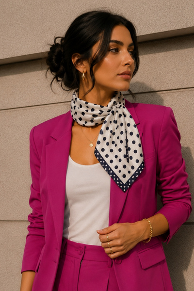 AFVENTE Minimal Polka Dot Pattern Ecru-Black Soft Bandana Scarf 50X50 cm
