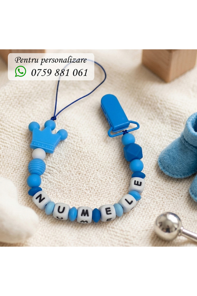 OEM Pacifier chain, personalized with baby's name, blue crown