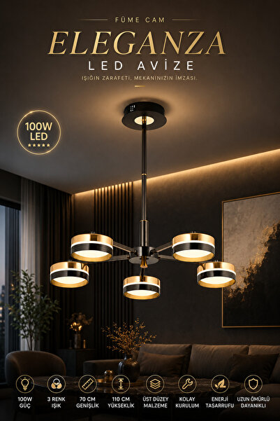Elvora Home Modern (PREMİUM) 5li Gold 3 Renkli LEDli Sarkıt Avizesi Salon Mut...