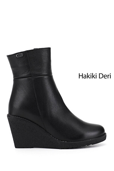 GÖNDERİ(R) Kadın Siyah Floter Fermuarlı Dolgu Topuklu Hakiki Deri Bot