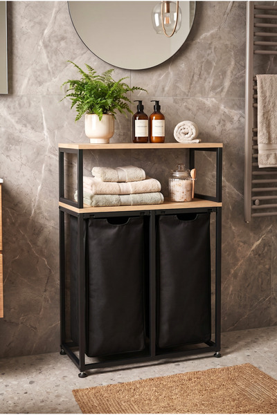 miyuhome Metal Kızaklı Çamaşır Sepeti 2X40 LT Kirli Sepeti Raflı Banyo Dolabı...