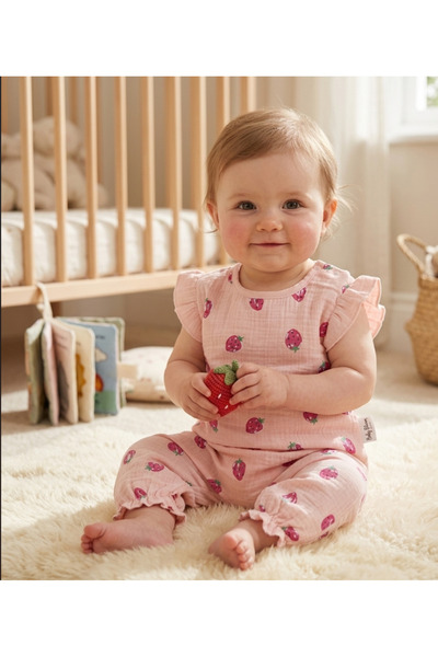 minitix Eid Summer Strawberry Patterned Girls' Cotton Muslin T-Shirt and Shor...
