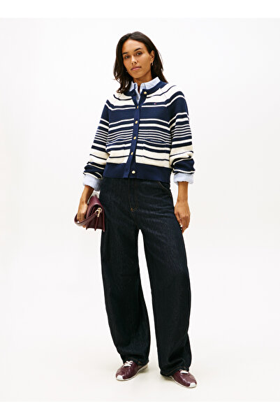 Tommy Hilfiger Lacivert-Beyaz Kadın Çizgili Hırka CO CARDI STITCH C-NK LS CARDI