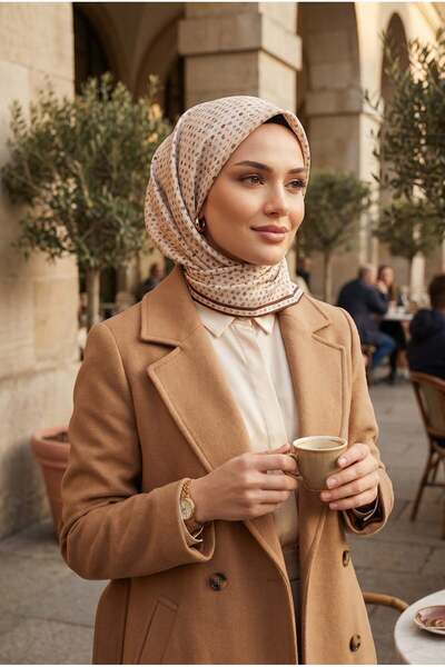 Vissona %100 Twill İpek Çıtır Desenli Krem - Kahverengi Renkli 90x90 Eşarp Di...