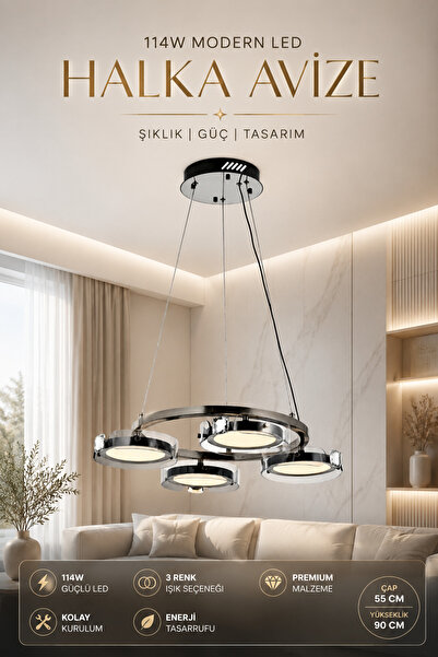 Elvora Home Modern (PREMİUM) LED Avize 3 Renk Sarkıt Avize Siyah Krom Salon A...