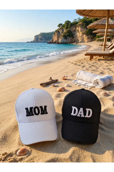 EFİLACCESSORİES MOM & DAD NAKIŞLI 2 Lİ SİYAH BEYAZ ÇİFT KOMBİN ŞAPKA