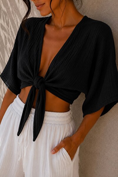 bb butik basic Women's Muslin Tie-Up Bolero Blouse Oversize Loose Summer Kimo...