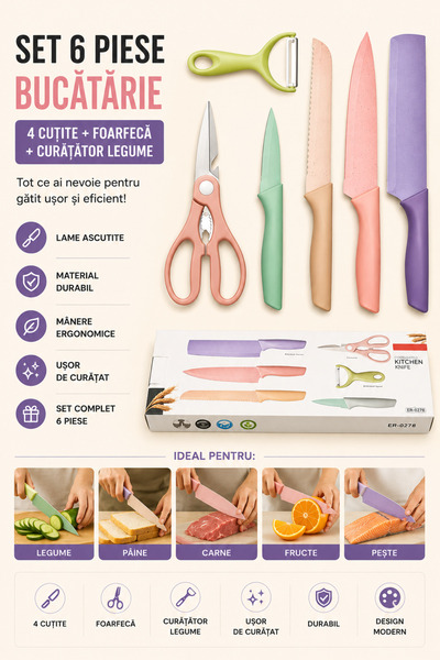 OEM HomeRoy – Set 6 Piese Bucătărie (4 Cuțite + Foarfecă + Curățător Legume)