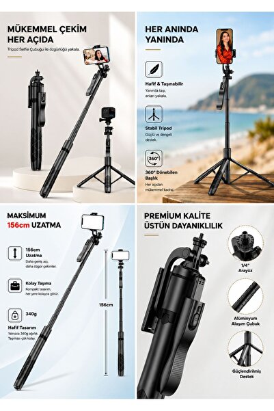 Asfal Uzaktan Kumandalı 156 Cm Alüminyum Tripod Ve Selfie Çubuğu Telefon, Kamera, Işık Ve Gopro Uyumlu