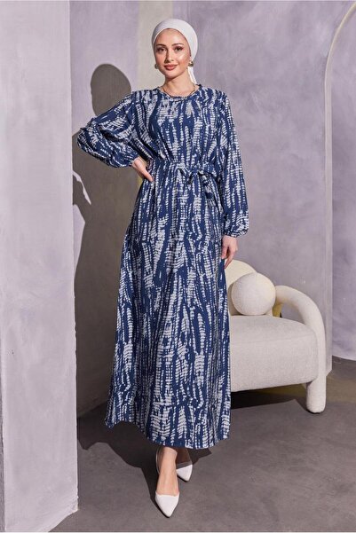 TRENDTESETTÜR Women's Dark Blue Belted Patterned Dress t 6993