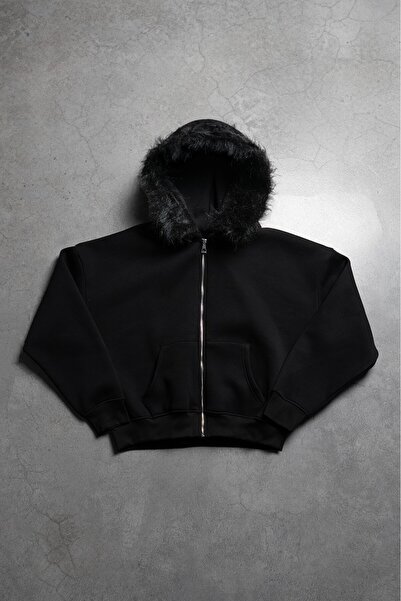 Crupt Studio Black Ritual Fur Erkek Ceket Zip Hoodie
