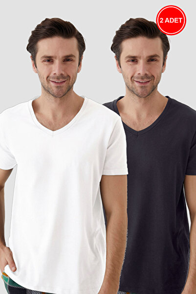koza iç giyim Men's Cotton V-Neck Short Sleeve T-Shirt 2 Pcs