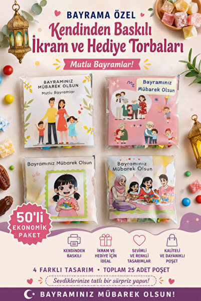 COLORPAK Bayrama Özel Kendinden Baskılı İkram Şeker ve Hediye Poşeti 50 Adet ...