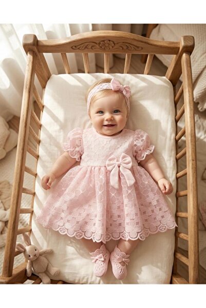 Miniday Baby Kız Bebek Mevlütlük Yazlık Elbise Bandanalı Dantelli Yeni doğan ...
