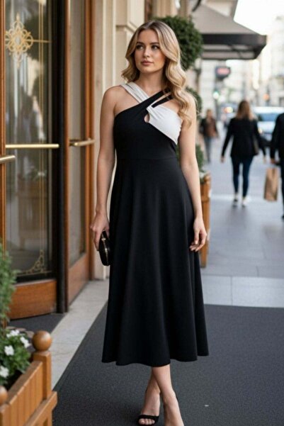 Mossta Cross Collar Detailed Midi Length Diving Dress - Black