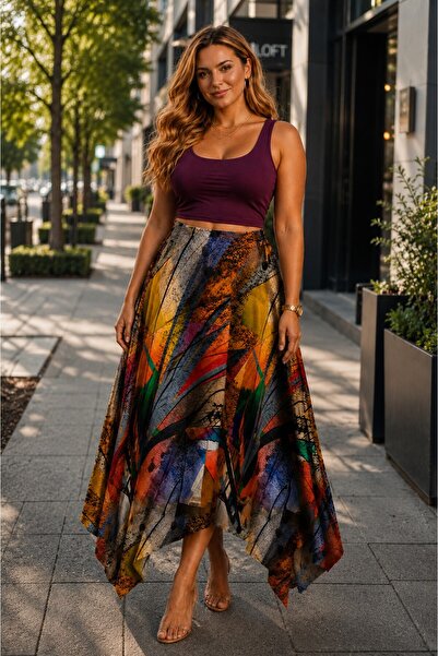 CALERA Plus Size Patterned Non-Exposing Long Skirt 46-60 Size Elastic Waist C...