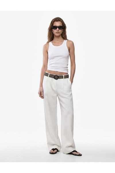 Koton Geometric Patterned Wide-Leg Linen Trousers with Pocket and Belt Detail