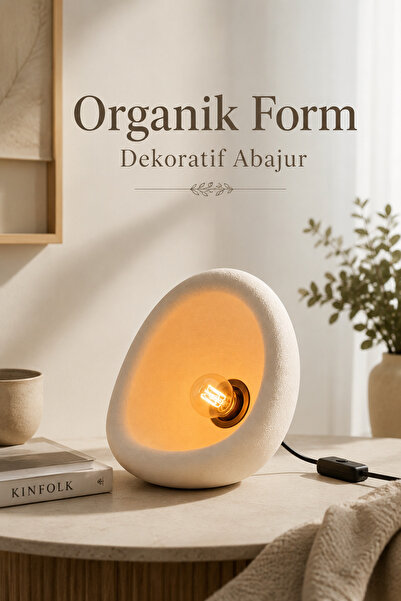 Sellor Modern Beton Dokulu Abajur | Organik Oval Gece Lambası (Masaüstü Komod...
