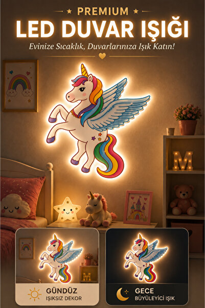 Design 4N Sevimli Unicorn Işıklı Duvar Süsü – LED Çocuk Odası Dekoru – Gece L...