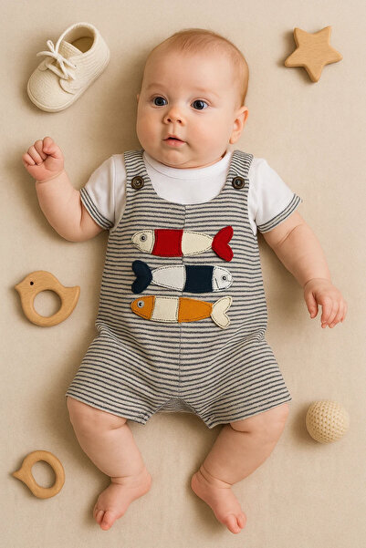 CNDR 3-18 Months Baby Boy Romper Fish Embroidered Short Sleeve Gray