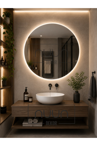 NUUN DEKOR 90cm Günışığı Ledli Yuvarlak Banyo Aynası Dekoratif Ayna