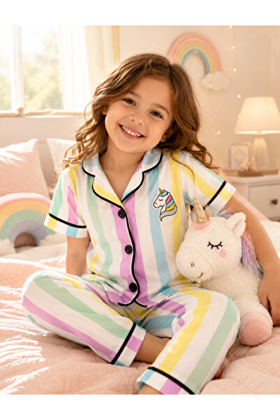 LUVVERA Kız Çocuk Unicorn Nakışlı Gökkuşağı Renkli Çizgili Pijama Takımı %100...