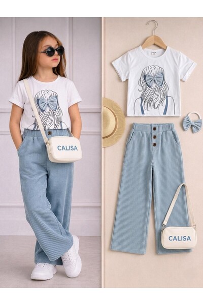 CALİSA Girl's Striped Trousers and Ribbon Detail T-Shirt Buckle Set |   Summe...