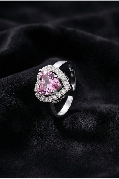 Roza Silver 925 Ayar Pembe Taşlı Rodyum Pırlanta Işıltılı Kalp Ayarlanabilir ...