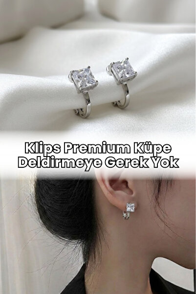 Elifsu Jewelry Klips Küpe Tektaş Tasarımlı Zirkon Taşlı Deliksiz Küpe Premium...
