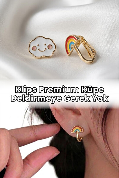 Elifsu Jewelry Premium Klips Bulut Ve Gökkuşağı Tasarımlı Deliksiz Küpe Kulak...