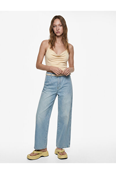 Koton High Waist Cotton Belted Short Wide Leg Denim Trousers - Wide Leg Jean
