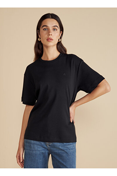 BROOKS BROTHERS Siyah Kadın Standart T-Shirt Bisiklet Yaka Oversize T-shirt