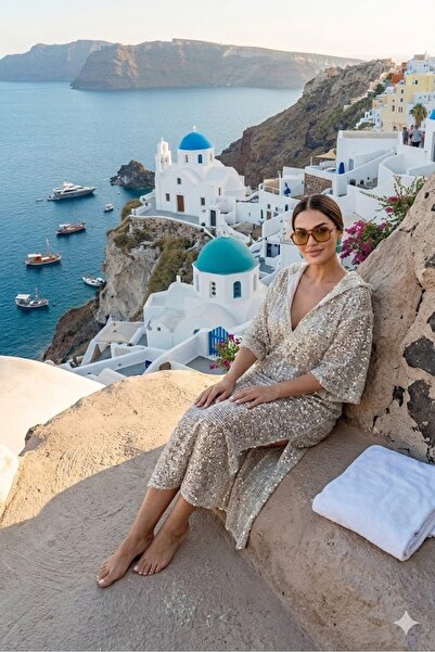 Lady Didi Fashion KADIN SALAŞ BEJ GRİ KIRÇILLI KUMAŞ PULLU PLAJ KAFTAN PAREO