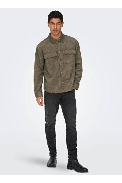 Only & Sons Normal Açık Kahve Erkek Ceket ONSRAVI FAKE SUEDE SHACKET OTW