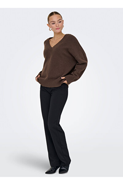 ONLY Kahverengi Kadın V Yaka Rahat Kazak ONLMARI LS LOOSE V-NECK KNT