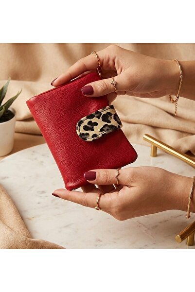 Virabio Leather Kırmızı Leopar Tokalı Lüks Deri Portföy