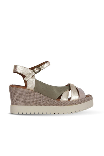 Bueno Shoes Sandale cu toc cu pană pentru femei, din piele lucioasă, kaki, 01...