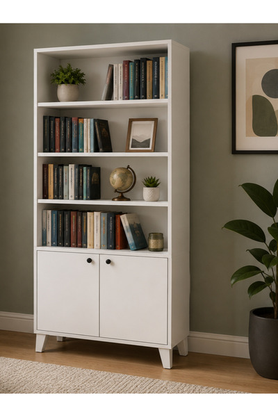byzellahome İki Kapaklı Kitaplık - %100 MDF - Beyaz Renk