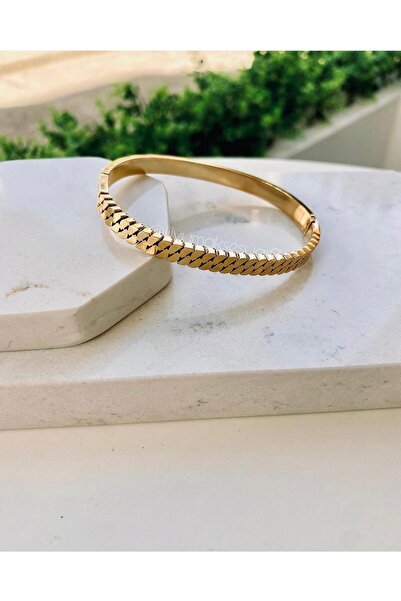 Lilyum Aksesuar Balıksırtı Model Altın Renk Çelik Kelepçe Bileklik Bilezik