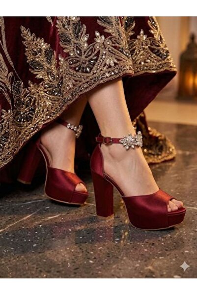 LİNEER Kadın Bordo Saten 12 Cm Taşlı Platform Topuk Abiye Gelin Kına Ayakkabısı