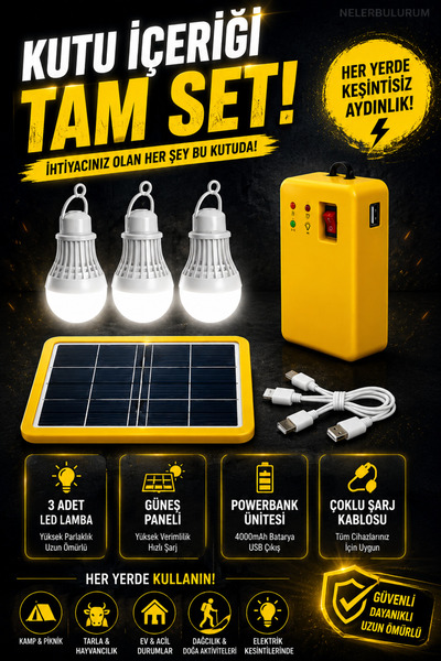 nelerbulurum PANELLİ SOLAR LAMBA 3 AMPULLÜ POWERBANK ÖZELLİKLİ ŞARJ SEVİYE GÖSTERGELİ AKÜLÜ SOLAR IŞILDAK FENER